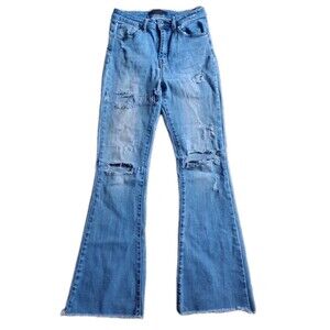 Risen Jeans Womens 7/28 BlueFrayed Hem Flare High Rise Stretch Distressed Grunge